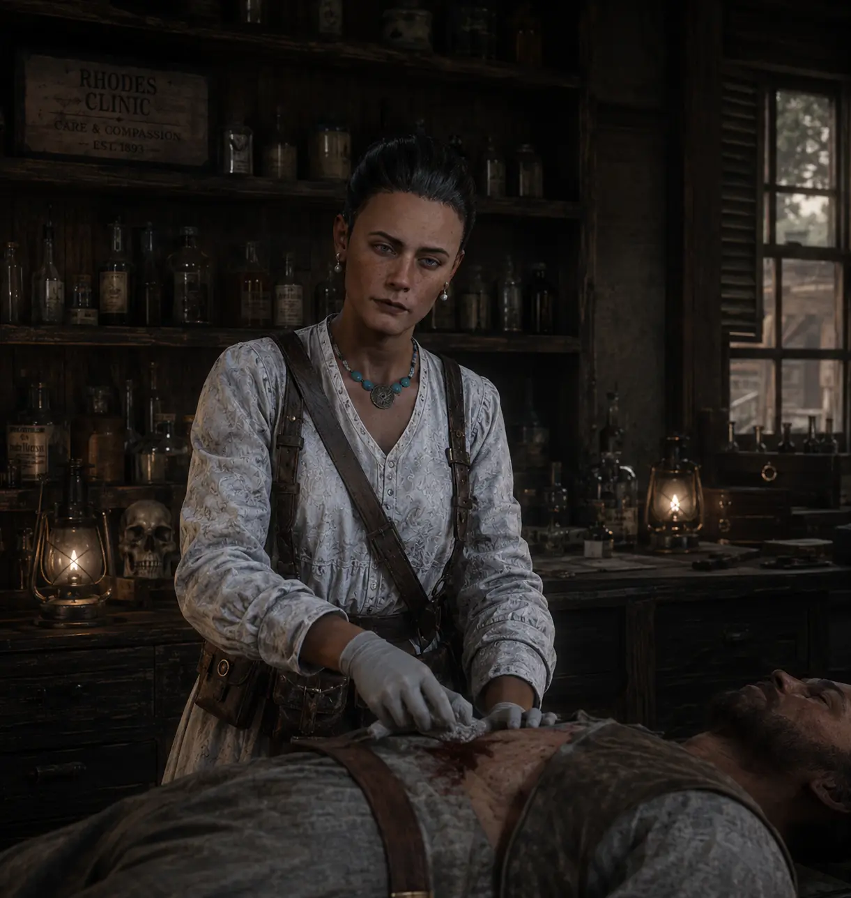 Doctora atendiendo a un herido en la clínica