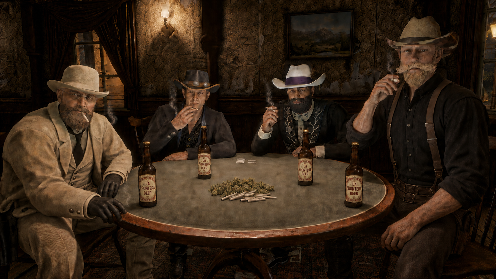 Banda reunida en la mesa del saloon