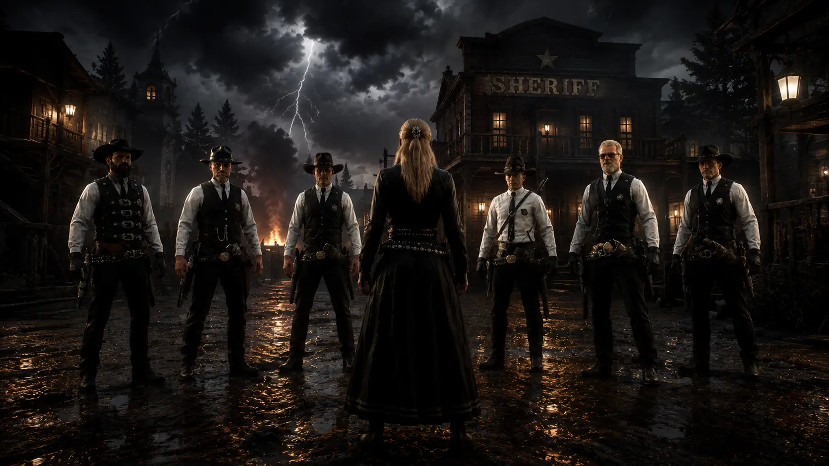 Sheriff y sus ayudantes bajo la tormenta